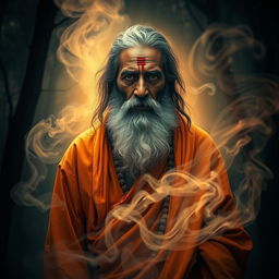 A mystical scene depicting a Sadhu Baba, an Indian ascetic, with a deep expression of wisdom and sorrow