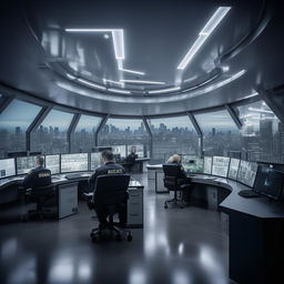 A bright, glass penthouse office imitating a SWAT control room with 4 officers at screens on an arc console plus another officer alone at a separate desk and screen. The design draws inspiration from the architecture in the provided link.