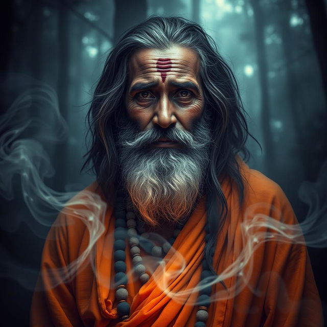 A mystical scene depicting a Sadhu Baba, an Indian ascetic, with a deep expression of wisdom and sorrow