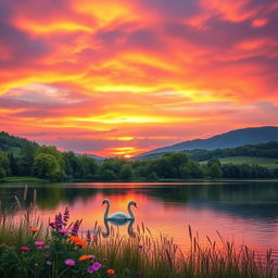 A serene landscape featuring a vibrant sunset over a tranquil lake, surrounded by lush green trees and gently rolling hills
