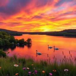 A serene landscape featuring a vibrant sunset over a tranquil lake, surrounded by lush green trees and gently rolling hills