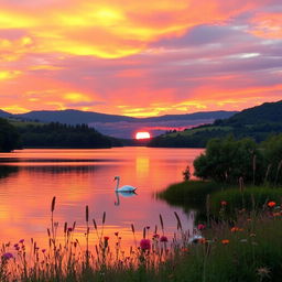 A serene landscape featuring a vibrant sunset over a tranquil lake, surrounded by lush green trees and gently rolling hills