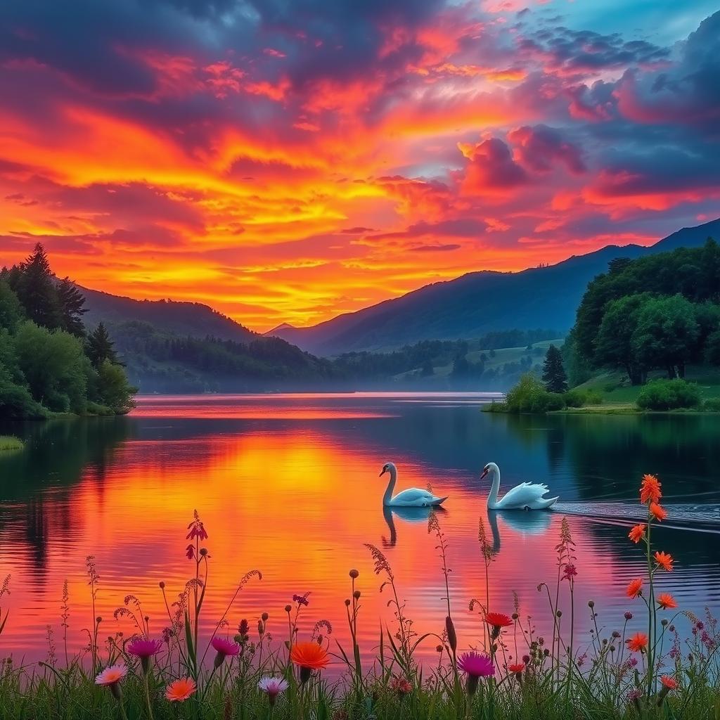 A serene landscape featuring a vibrant sunset over a tranquil lake, surrounded by lush green trees and gently rolling hills