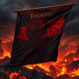 A stunning dragon-themed banner featuring the Targaryen sigil, a three-headed dragon in black and red, symbolizing fire and blood