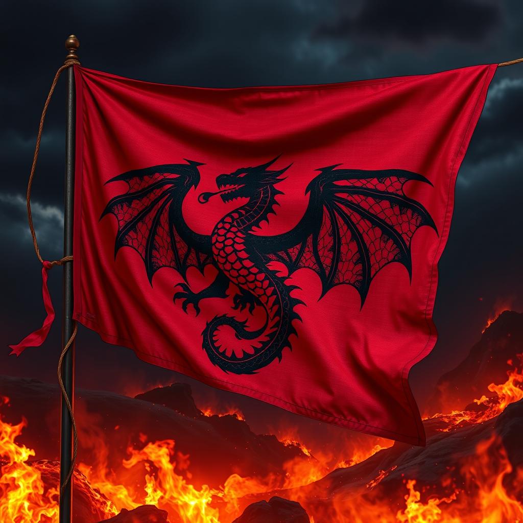 A stunning dragon-themed banner featuring the Targaryen sigil, a three-headed dragon in black and red, symbolizing fire and blood