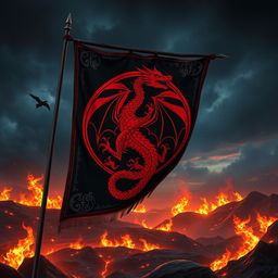A stunning dragon-themed banner featuring the Targaryen sigil, a three-headed dragon in black and red, symbolizing fire and blood
