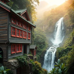 An old wooden building with red trim around large windows, perched precariously on a mountain in a lush rainforest