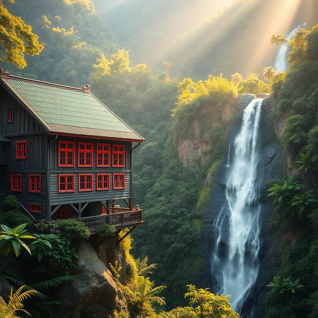 An old wooden building with red trim around large windows, perched precariously on a mountain in a lush rainforest