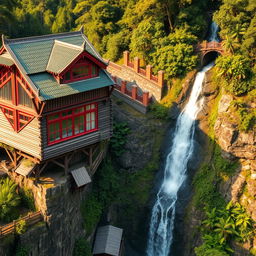 An old wooden building with red trim around large windows, perched precariously on a mountain in a lush rainforest