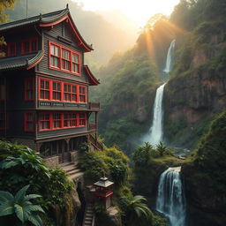 An old wooden building with red trim around large windows, perched precariously on a mountain in a lush rainforest