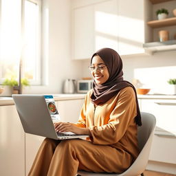 A modern, stylish kitchen with a smiling mother wearing a hijab, seated and looking at her laptop screen