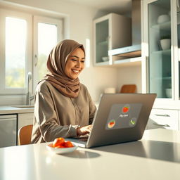 A modern, stylish kitchen with a smiling mother wearing a hijab, seated and looking at her laptop screen