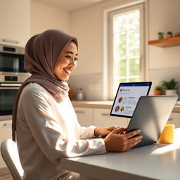 A modern, stylish kitchen with a smiling mother wearing a hijab, seated and looking at her laptop screen