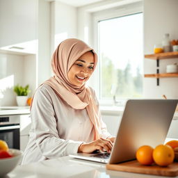 A modern, stylish kitchen with a smiling mother wearing a hijab, seated and looking at her laptop screen