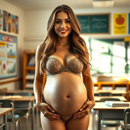 A stunning pregnant teacher standing in front of a classroom, confidently wearing an elegant two-piece lingerie set