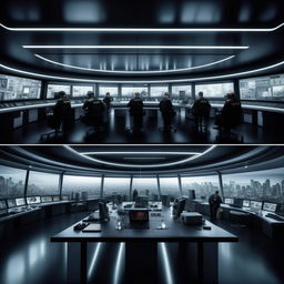 A futuristic, glass penthouse office designed as a SWAT control room with a long console lined with officers and screens, and a single console with screen occupied by a lone officer, drawing architectural inspiration from the provided link.