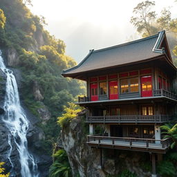 An old wooden building with red inlay around large windows, dramatically hanging on a mountain in a lush rainforest