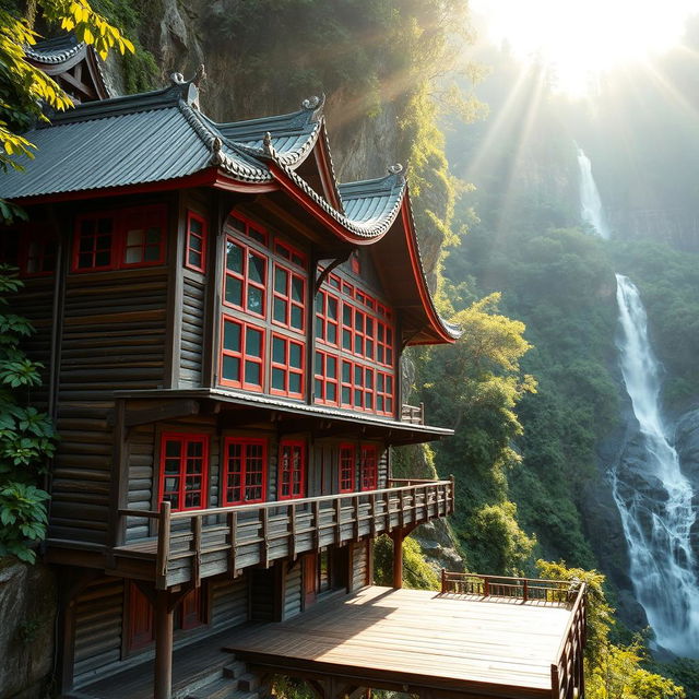 An old wooden building with red inlay around large windows, dramatically hanging on a mountain in a lush rainforest