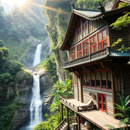 An old wooden building with red inlay around large windows, dramatically hanging on a mountain in a lush rainforest