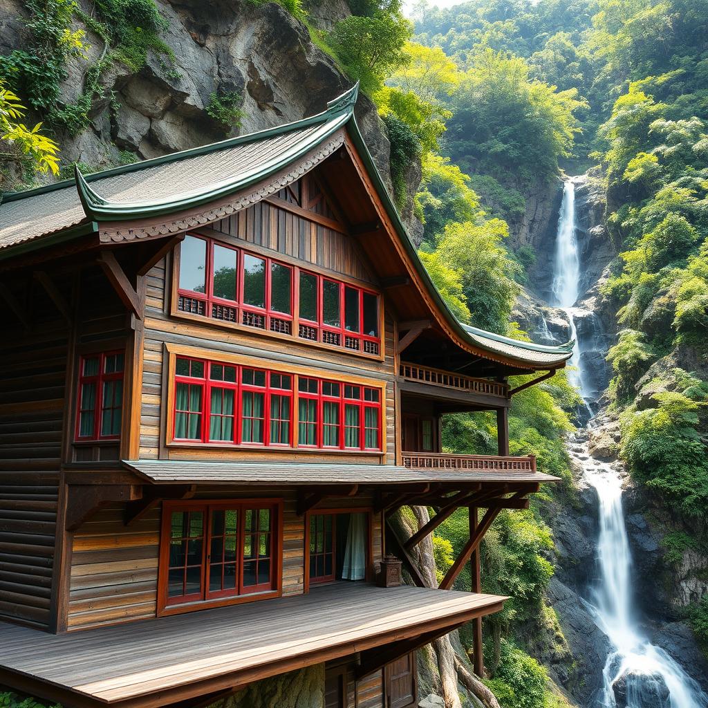 An old wooden building with red inlay around large windows, dramatically hanging on a mountain in a lush rainforest