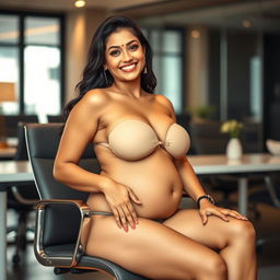 A confident woman resembling Shruti Haasan, sitting elegantly on a modern office chair while wearing a chic bikini that highlights her big belly and voluptuous breasts