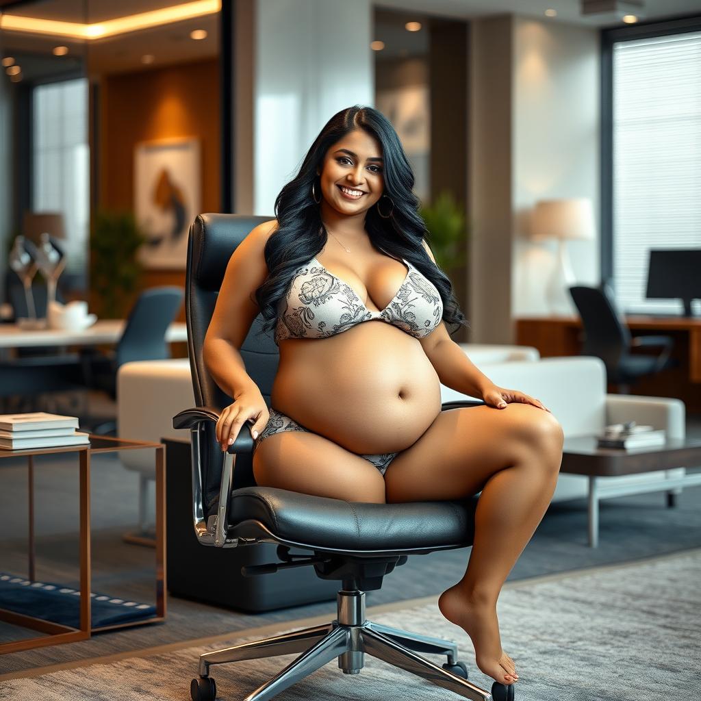 A confident woman resembling Shruti Haasan, sitting elegantly on a modern office chair while wearing a chic bikini that highlights her big belly and voluptuous breasts