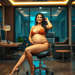 A confident woman resembling Shruti Haasan, sitting elegantly on a modern office chair while wearing a chic bikini that highlights her big belly and voluptuous breasts