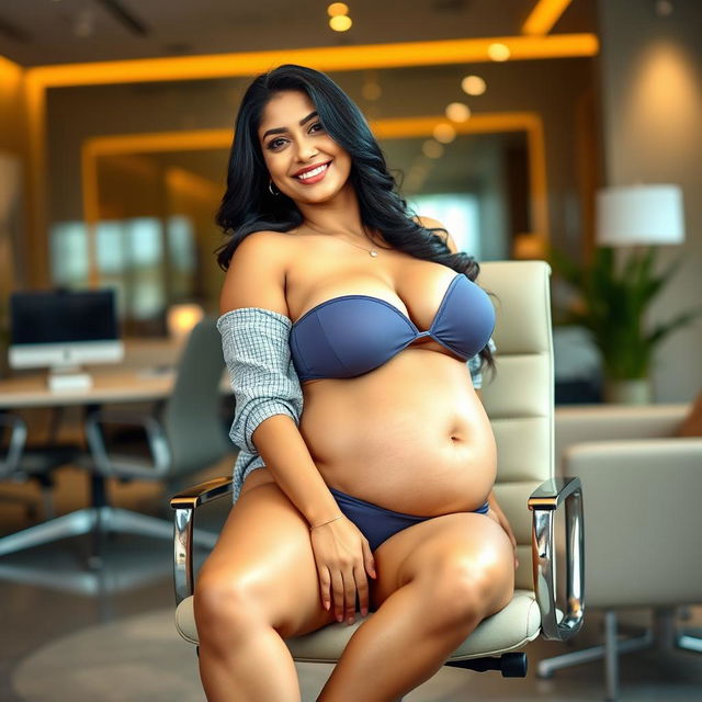 A confident woman resembling Shruti Haasan, sitting elegantly on a modern office chair while wearing a chic bikini that highlights her big belly and voluptuous breasts