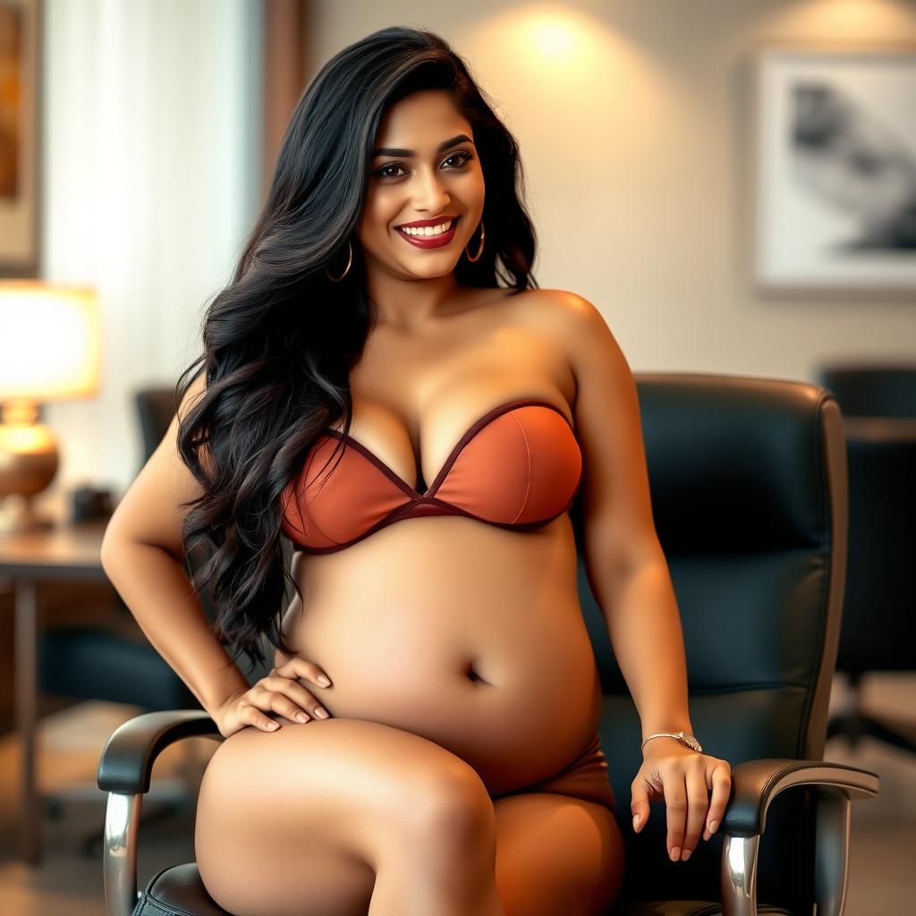 A beautiful woman with long, dark hair, resembling Shruti Haasan, confidently sitting on an office chair