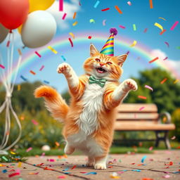 A whimsical scene of a joyful cat dancing on its hind legs, wearing a tiny colorful party hat and a small bow tie, surrounded by vibrant confetti falling from the sky