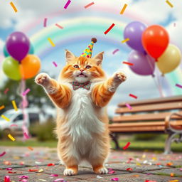 A whimsical scene of a joyful cat dancing on its hind legs, wearing a tiny colorful party hat and a small bow tie, surrounded by vibrant confetti falling from the sky