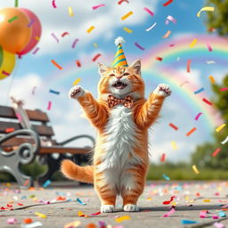 A whimsical scene of a joyful cat dancing on its hind legs, wearing a tiny colorful party hat and a small bow tie, surrounded by vibrant confetti falling from the sky