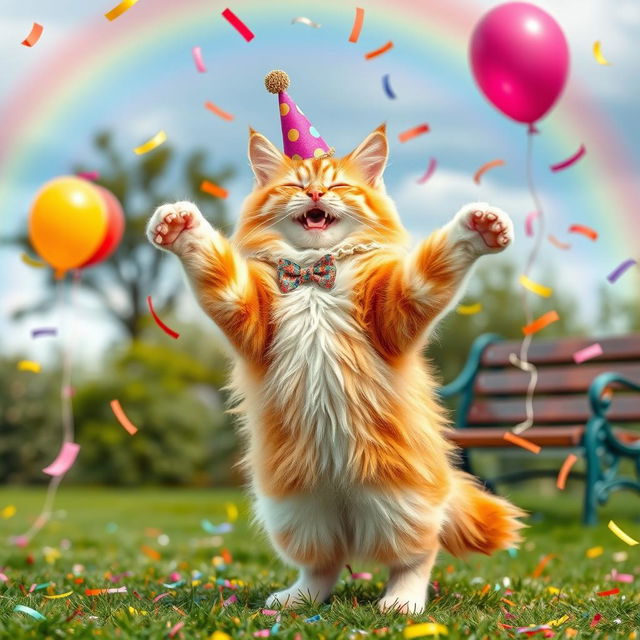 A whimsical scene of a joyful cat dancing on its hind legs, wearing a tiny colorful party hat and a small bow tie, surrounded by vibrant confetti falling from the sky