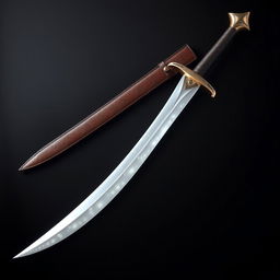 A longsword featuring a thin, curved blade that is pearly white, shimmering with a slight iridescence