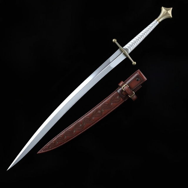 A longsword featuring a thin, curved blade that is pearly white, shimmering with a slight iridescence