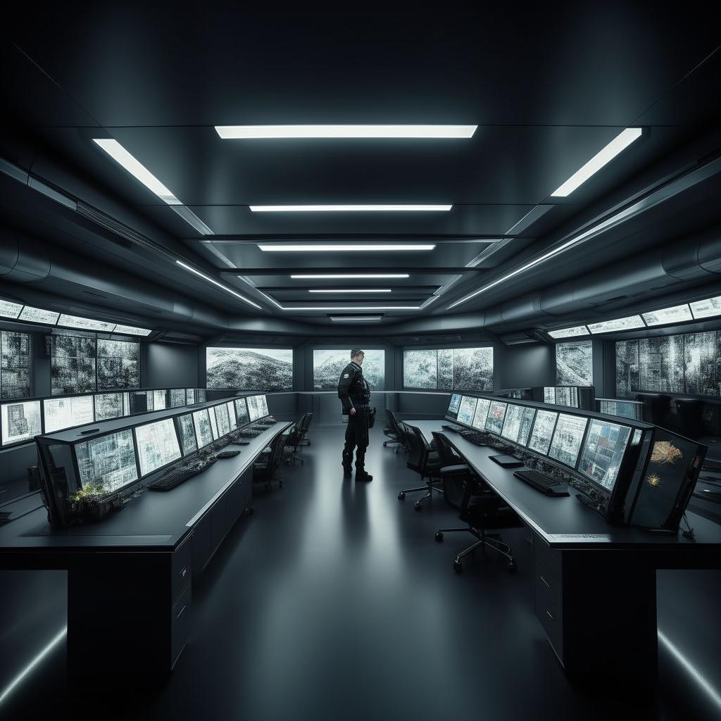 A futuristic, glass penthouse office designed as a SWAT control room with a long console lined with officers and screens, and a single console with screen occupied by a lone officer, drawing architectural inspiration from the provided link.