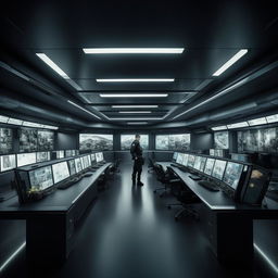 A futuristic, glass penthouse office designed as a SWAT control room with a long console lined with officers and screens, and a single console with screen occupied by a lone officer, drawing architectural inspiration from the provided link.