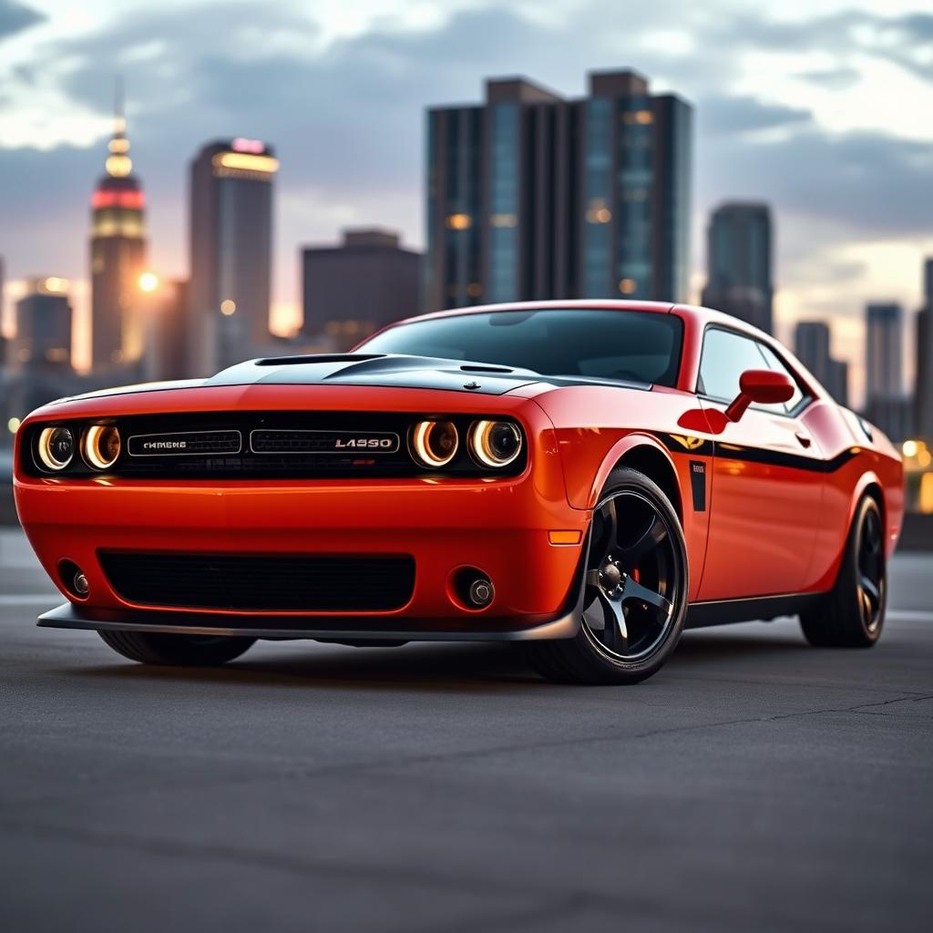 A stunning Dodge Challenger, parked in an urban setting during twilight