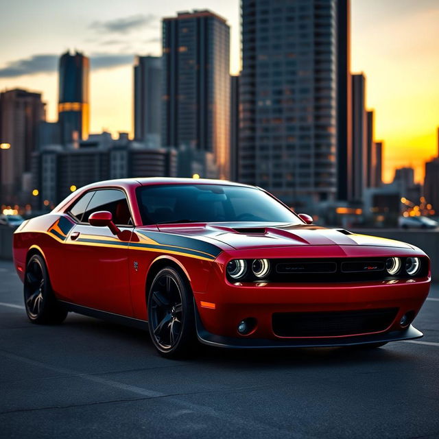 A stunning Dodge Challenger, parked in an urban setting during twilight