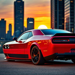 A stunning Dodge Challenger, parked in an urban setting during twilight