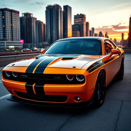 A stunning Dodge Challenger, parked in an urban setting during twilight