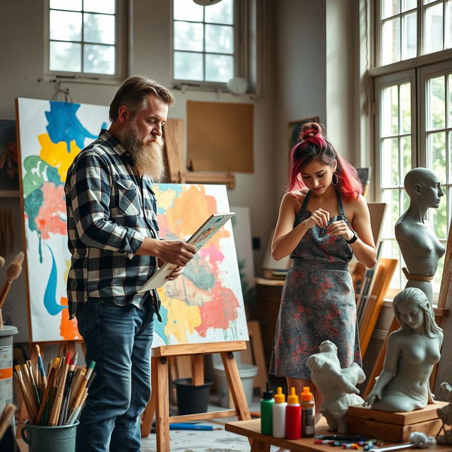 A vibrant and dynamic scene featuring two artists collaborating in a creative studio