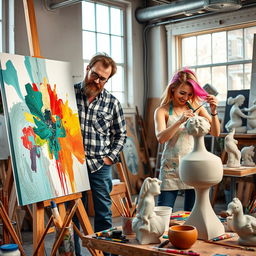 A vibrant and dynamic scene featuring two artists collaborating in a creative studio