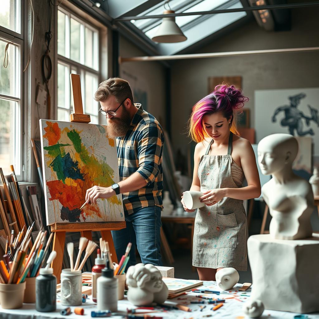 A vibrant and dynamic scene featuring two artists collaborating in a creative studio