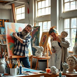 A vibrant and dynamic scene featuring two artists collaborating in a creative studio
