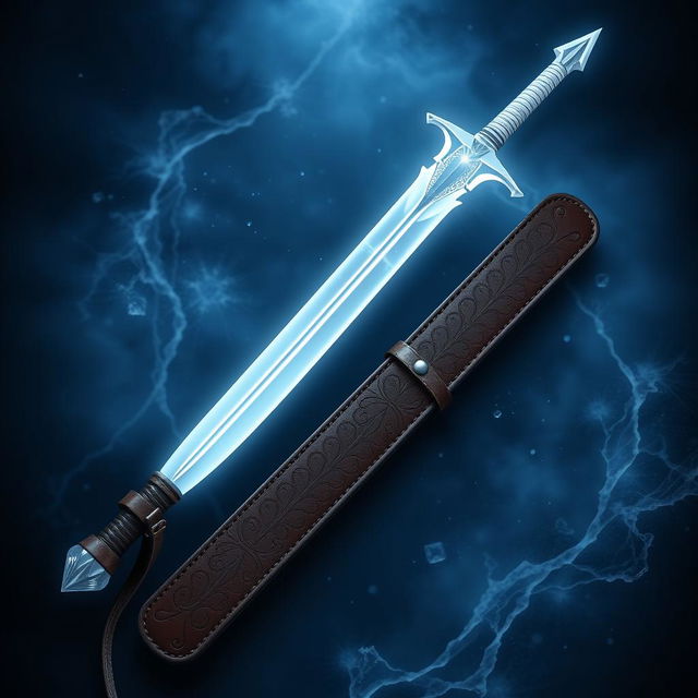 A magical ice longsword featuring a thin, curved blade that is pearly white, radiating an ethereal glow reminiscent of ice and frost