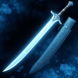 A magical ice longsword featuring a thin, curved blade that is pearly white, radiating an ethereal glow reminiscent of ice and frost