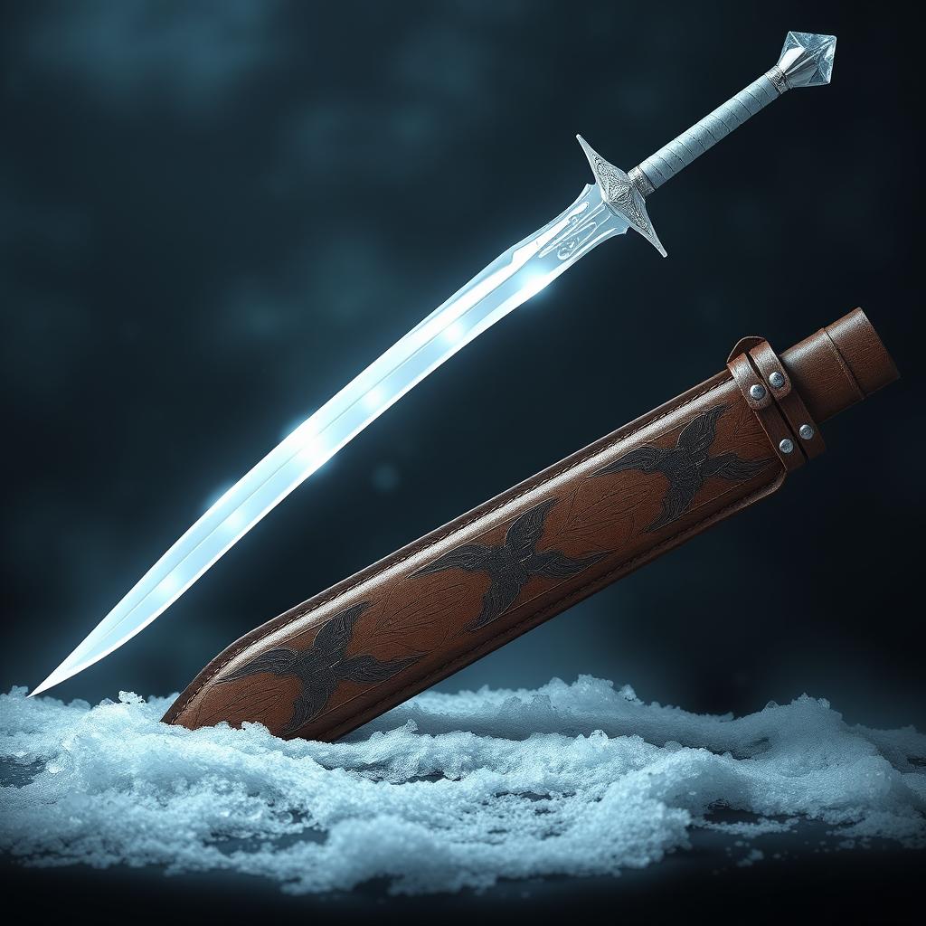 A magical ice longsword featuring a thin, curved blade that is pearly white, radiating an ethereal glow reminiscent of ice and frost