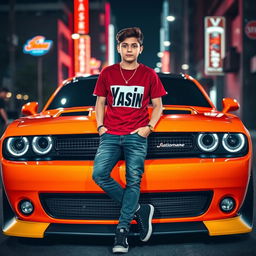 A striking image of a sporty Dodge Challenger, parked under the glow of neon city lights