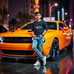 A striking image of a sporty Dodge Challenger, parked under the glow of neon city lights